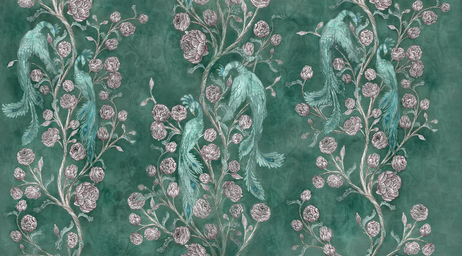 Peacock and Peony Chinoiserie Pale Green Mural Wallpaper