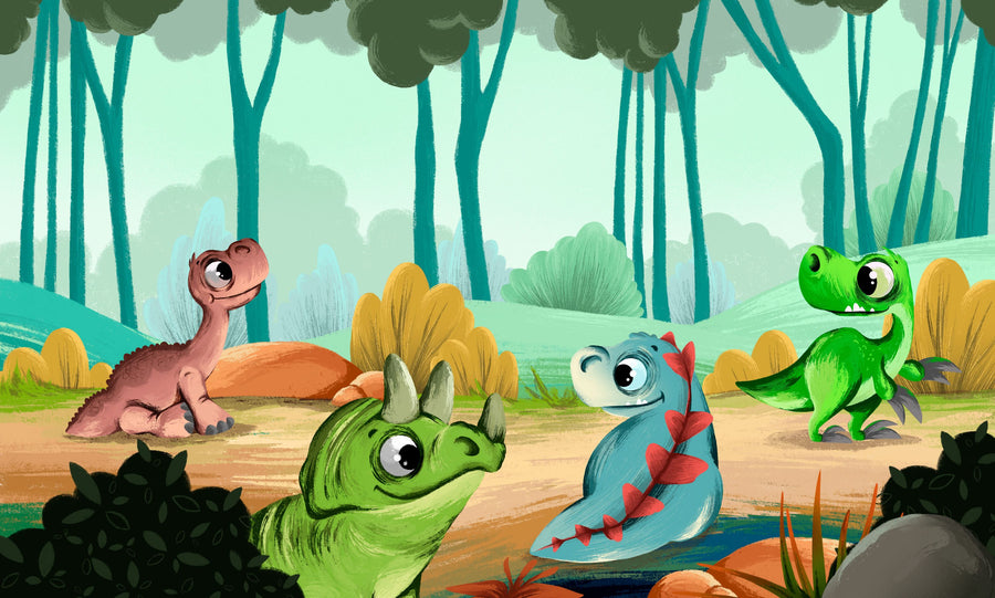Cute Baby Dinosaur Friends Mural Wallpaper