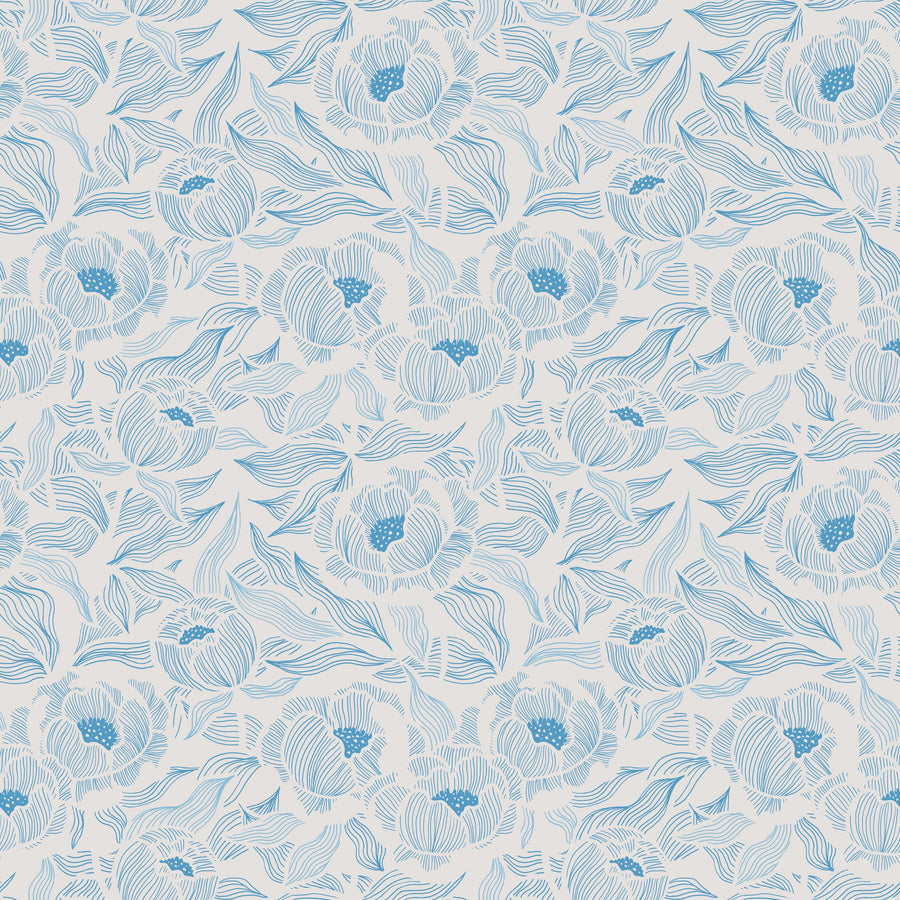 Hidden Peonies, Blue on Beige Mural Wallpaper