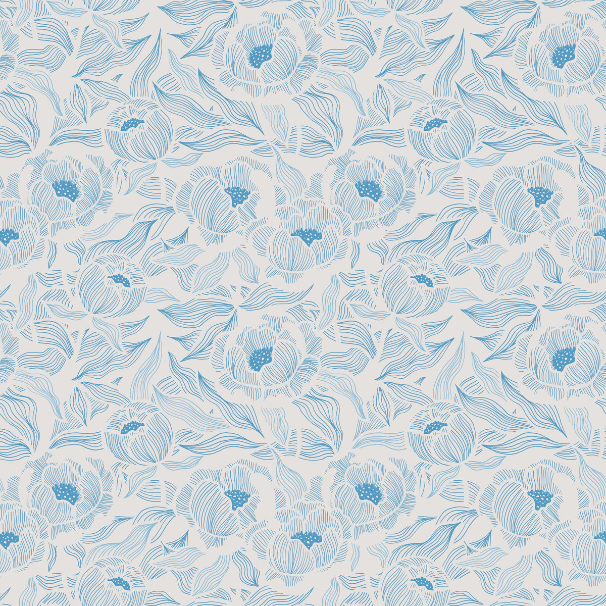 Hidden Peonies, Blue on Beige Mural Wallpaper - pure wallpaper artwork