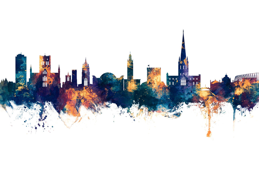 Norwich England Skyline Blue & Bronze Mural Wallpaper
