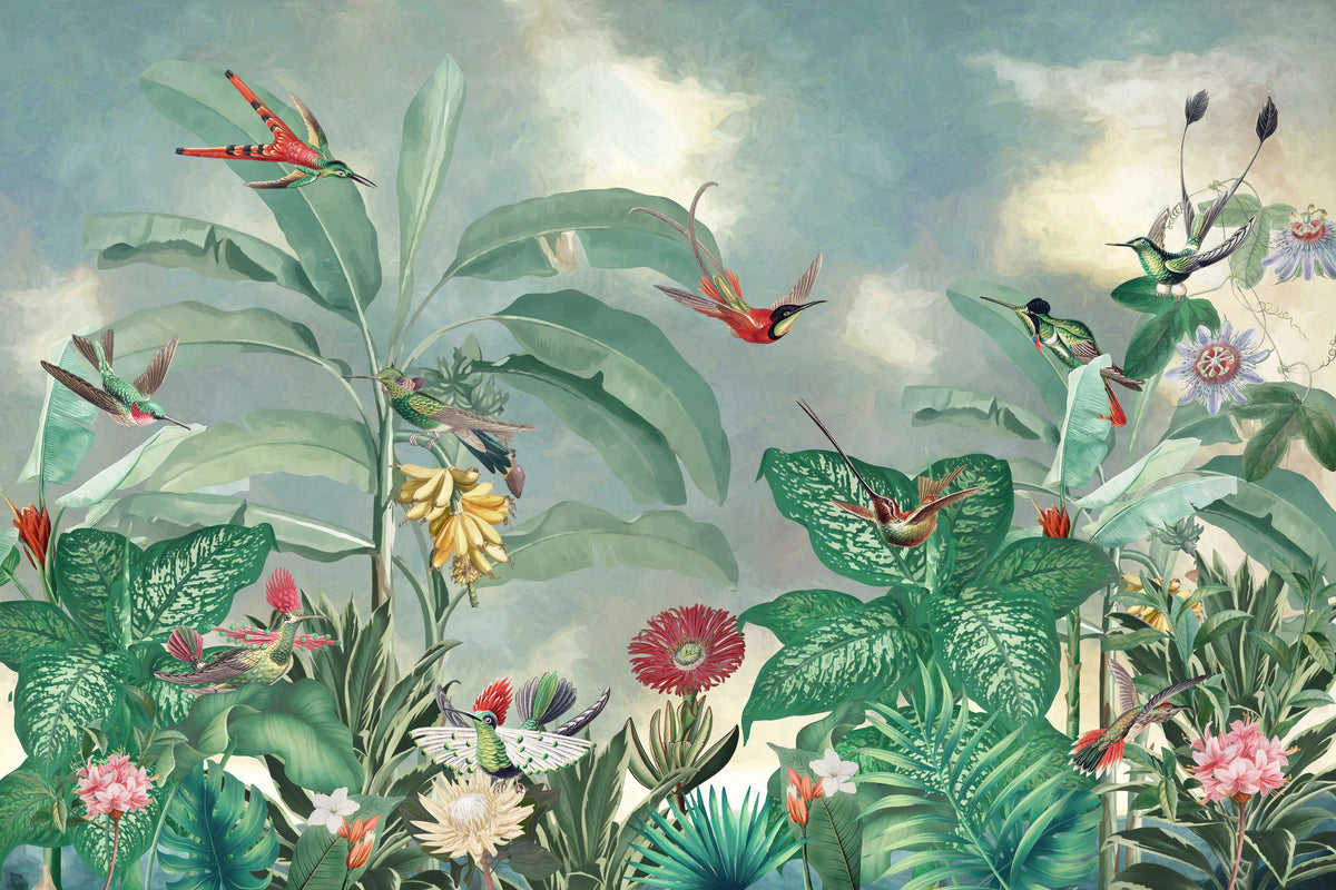 Birds of Paradise Green Mural Wallpaper - pure wallpaper artwork