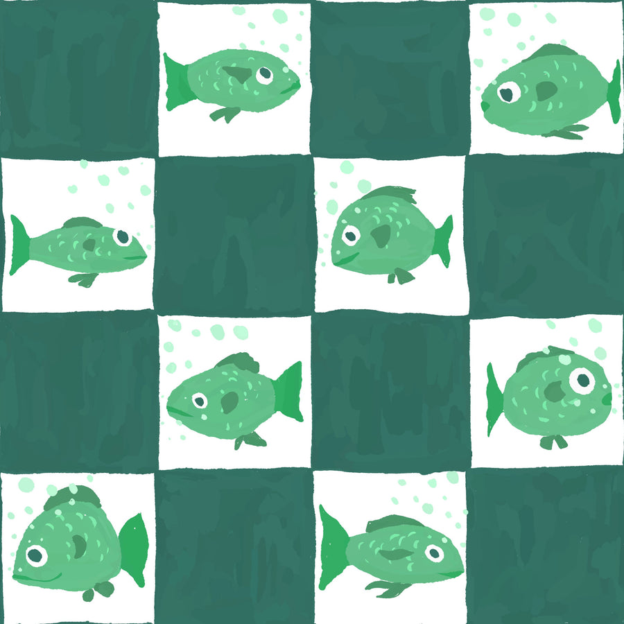 Fish Checkers, Green Mural Wallpaper