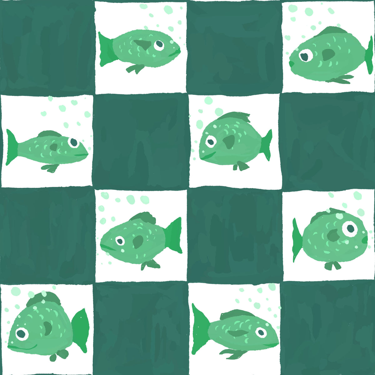 Fish Checkers, Green Mural Wallpaper - pure wallpaper artwork