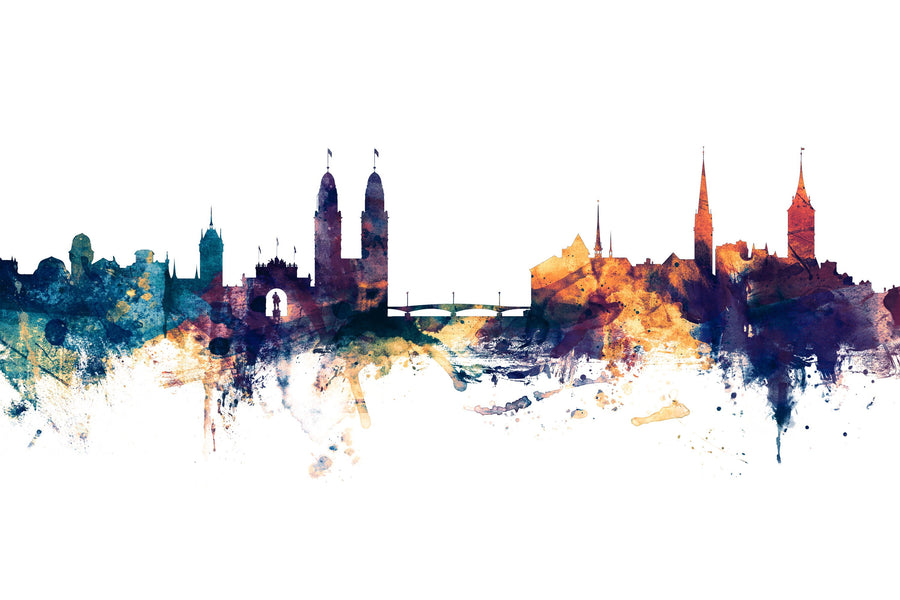Zurich Switzerland Skyline Blue & Bronze Mural Wallpaper