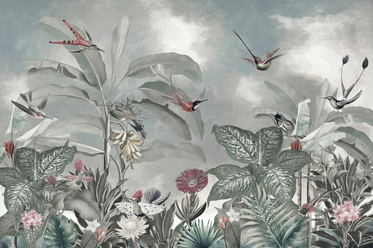 Birds of Paradise Blue Mural Wallpaper - pure wallpaper artwork