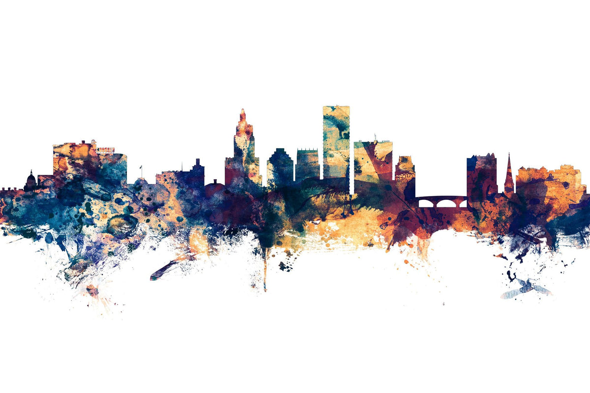 Providence Rhode Island Skyline Blue & Bronze Mural Wallpaper - pure wallpaper artwork