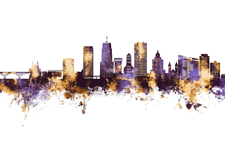 Akron Ohio Skyline Purple & Gold Mural Wallpaper