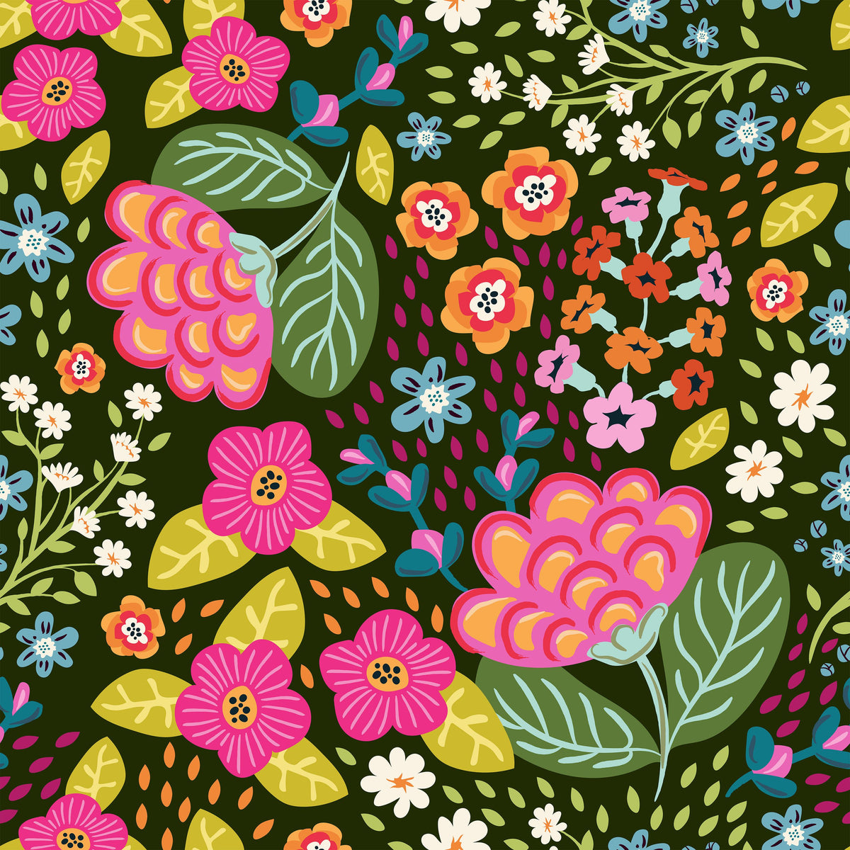 Happy Flowers, Pine Green Mural Wallpaper - pure wallpaper artwork