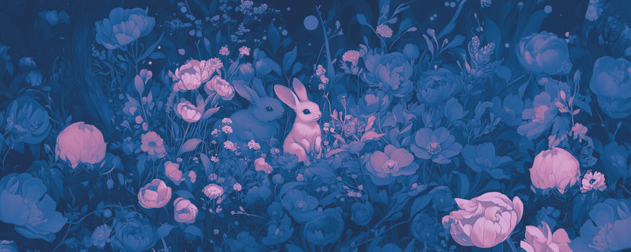 Rabbits Blue Pink Mural Wallpaper