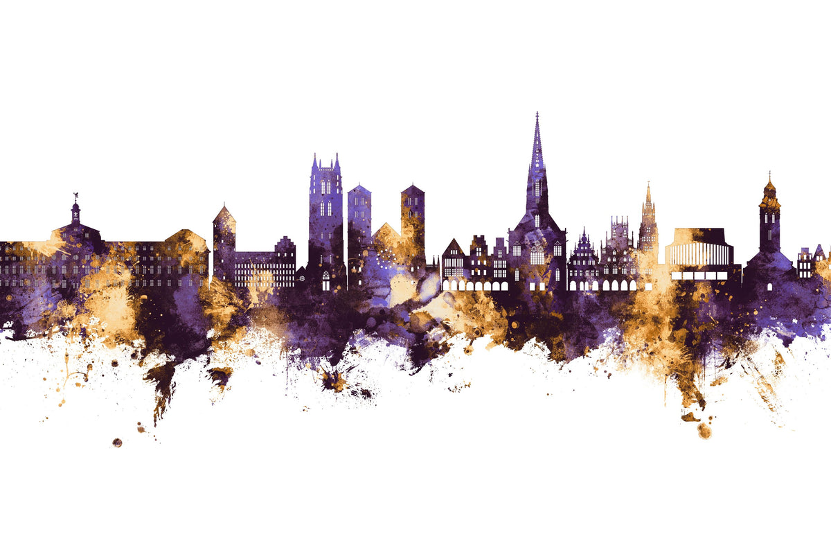 Münster Germany Skyline Purple & Gold Mural Wallpaper - pure wallpaper artwork