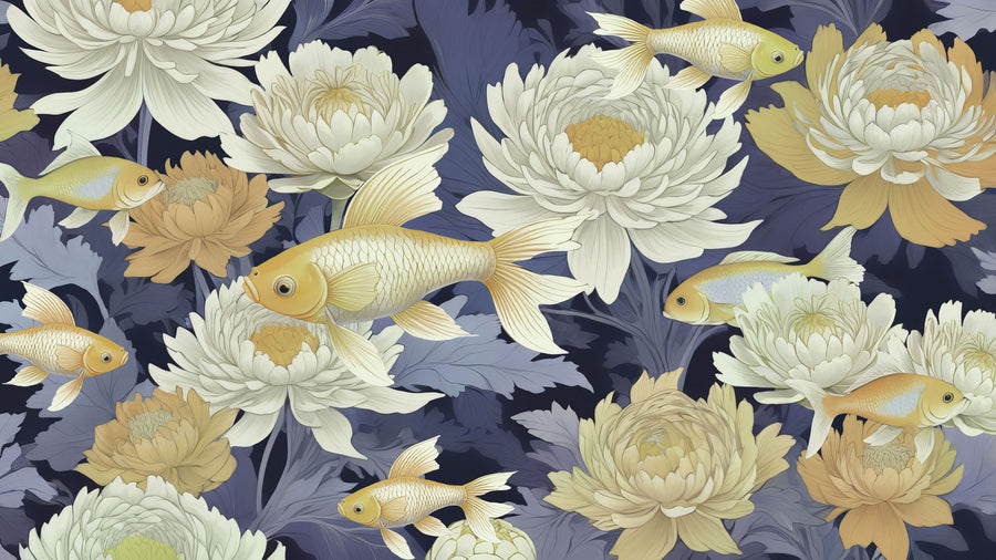 Dancing Fish, Yellow on Purple Mural Wallpaper