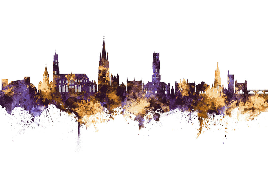 Bruges Belgium Skyline Purple & Gold Mural Wallpaper