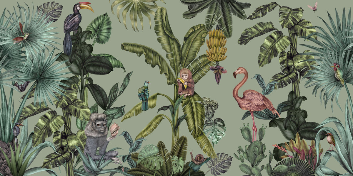 Monkeys with Birds, Pistachio Mural Wallpaper - pure wallpaper artwork