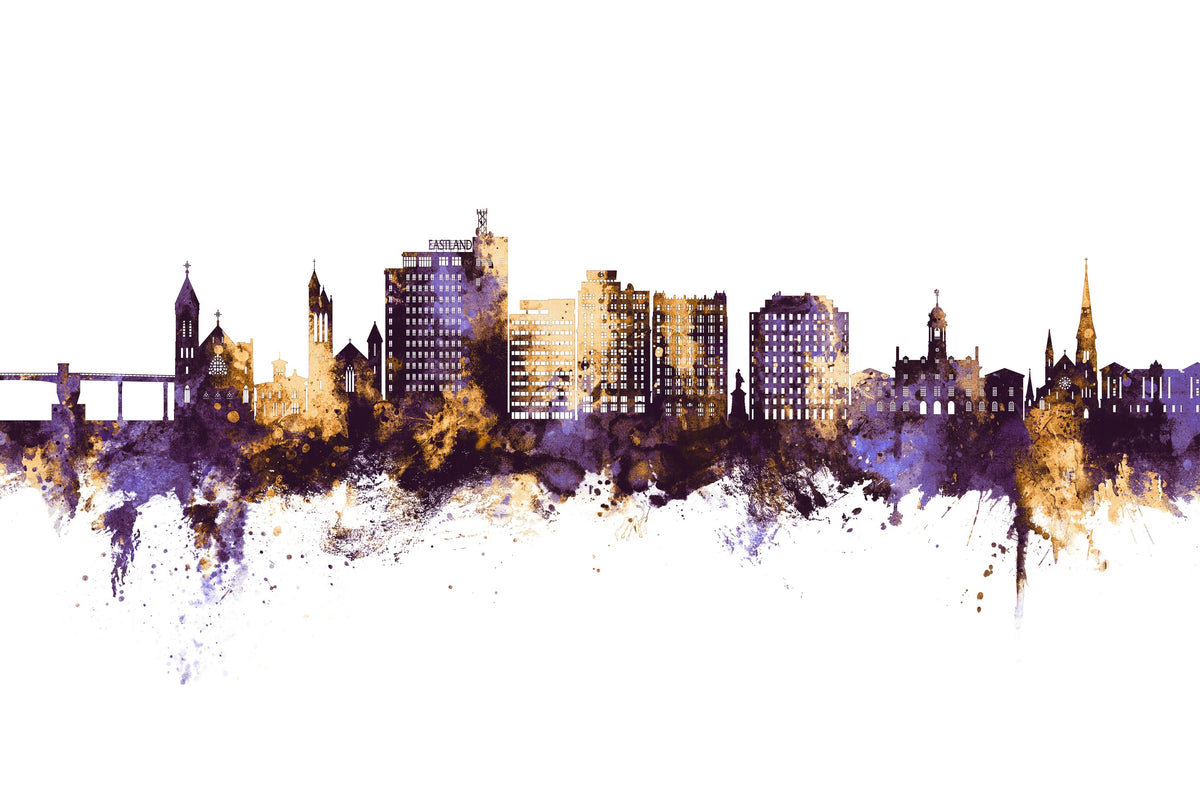 Portland Maine Skyline Purple & Gold Mural Wallpaper - pure wallpaper artwork