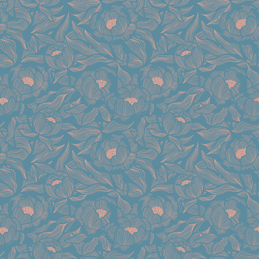 Hidden Peonies, Dusty Peach on Teal Mural Wallpaper
