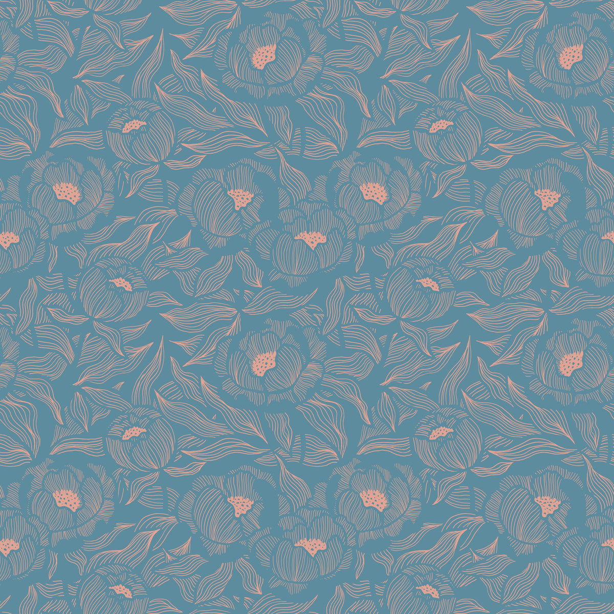 Hidden Peonies, Dusty Peach on Teal Mural Wallpaper - pure wallpaper artwork