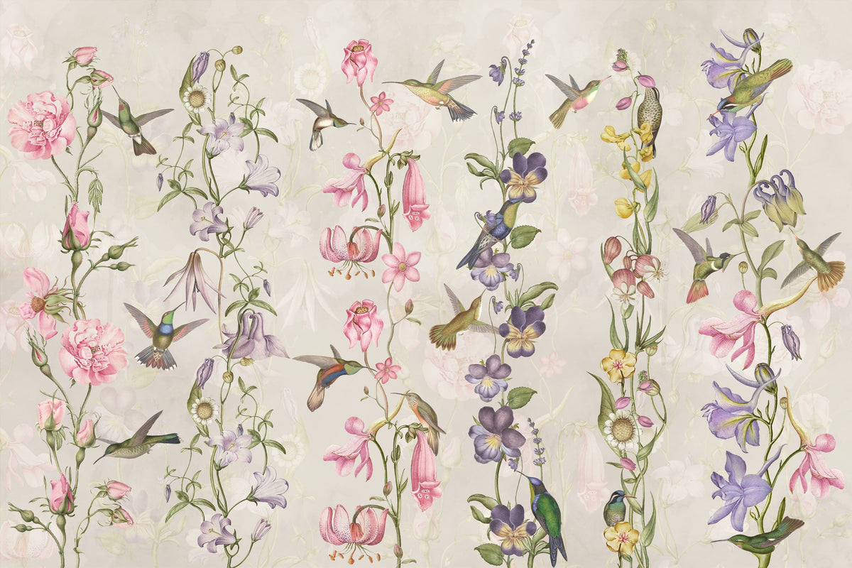 Hummingbirds and Violets Mural Wallpaper - pure wallpaper artwork