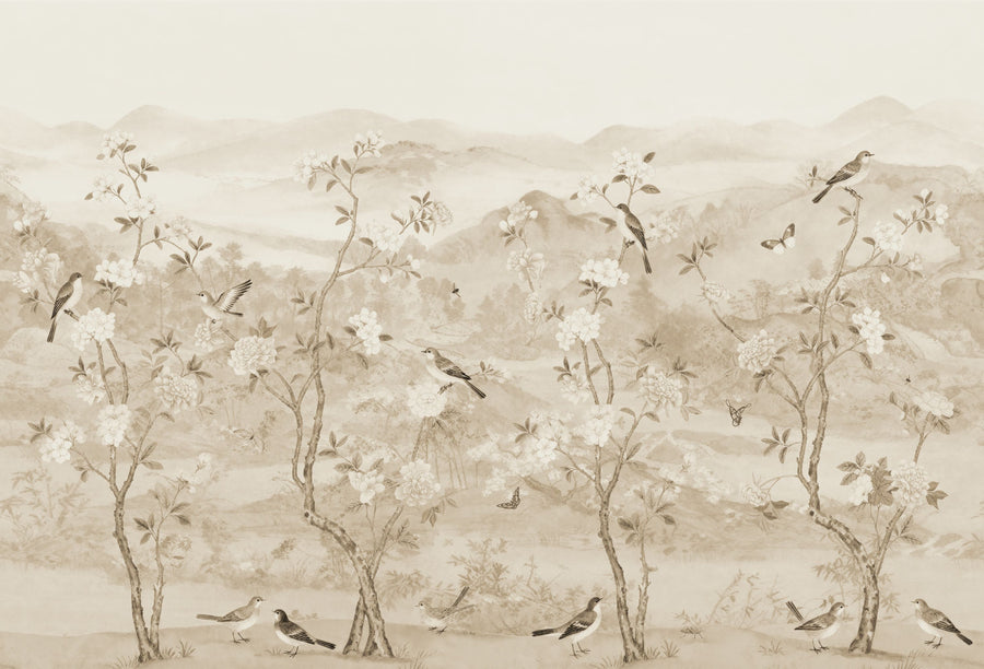 Peony Tree Landscape, Beige Mural Wallpaper