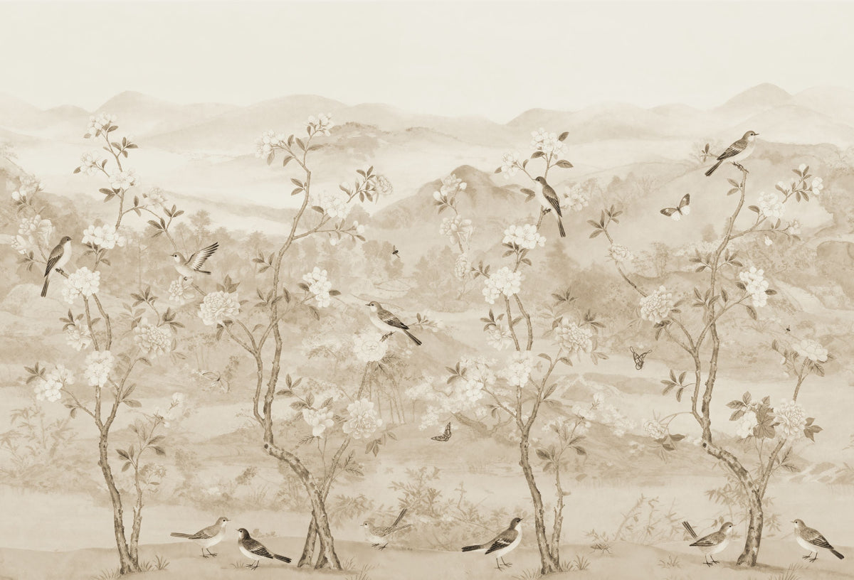 Peony Tree Landscape, Beige Mural Wallpaper - pure wallpaper artwork