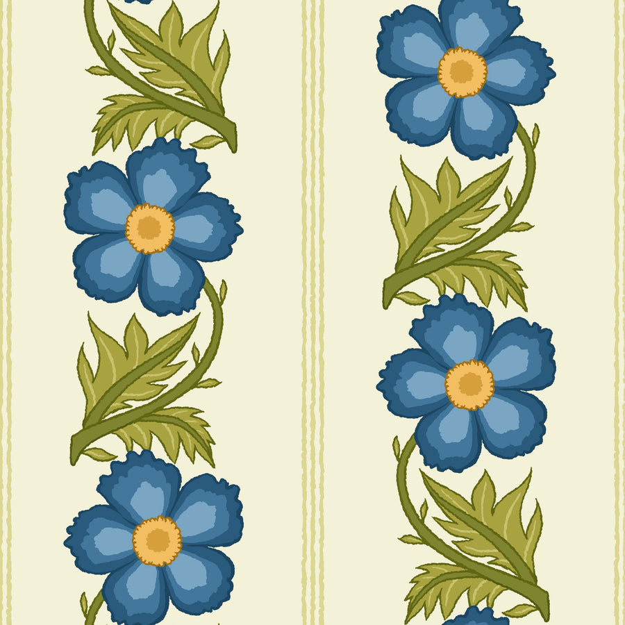 Floral Stripe, Blue Mural Wallpaper