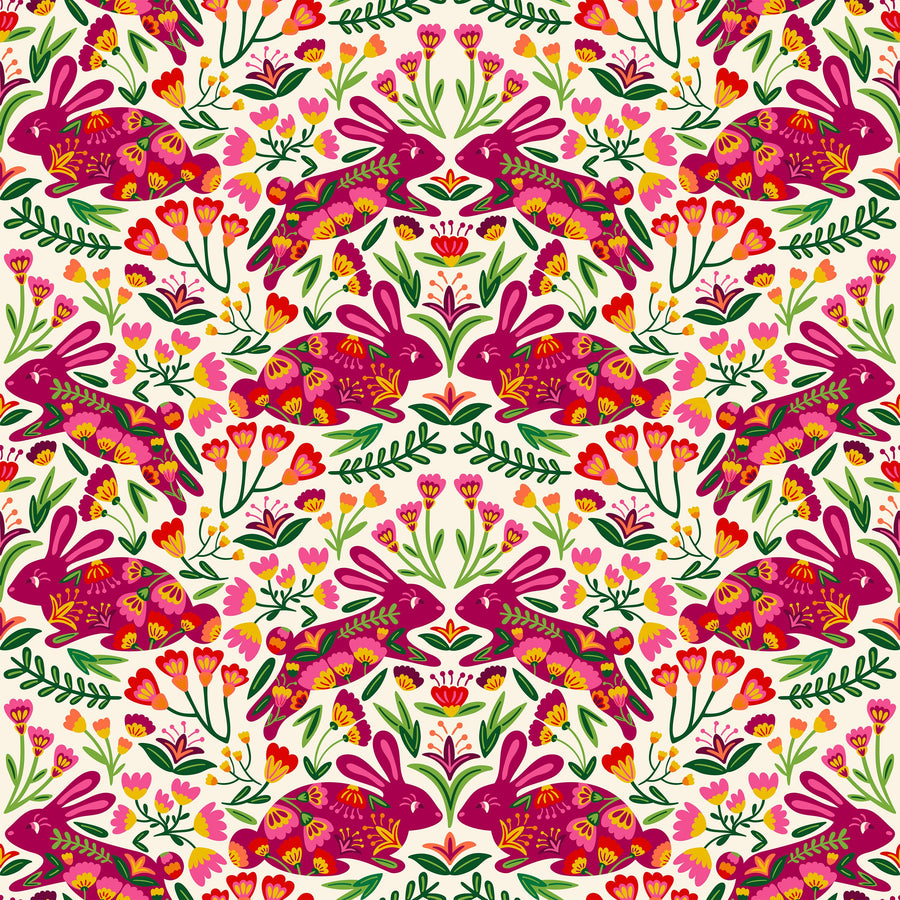 Otomi Rabbits & Flowers Pattern Mural Wallpaper