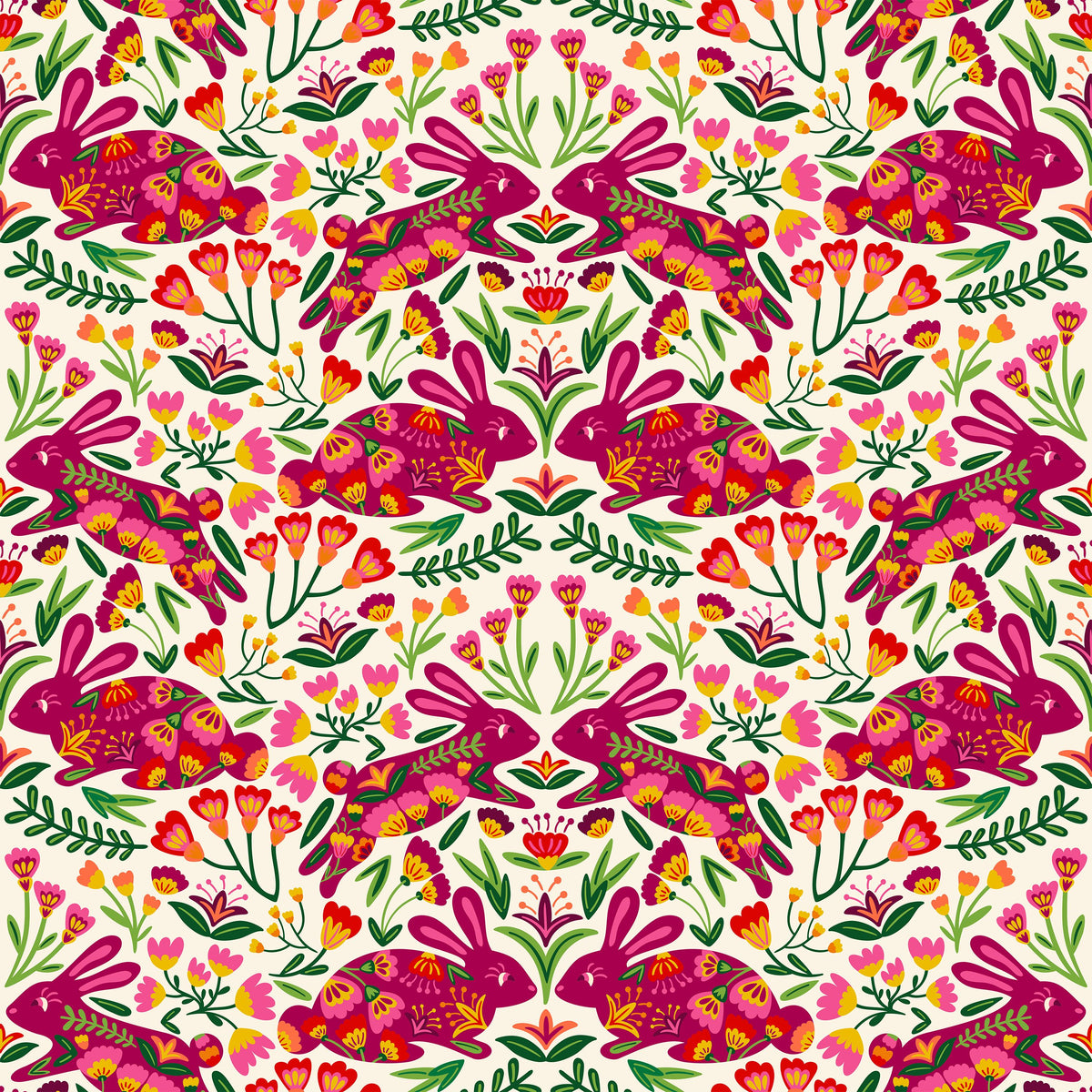 Otomi Rabbits & Flowers Pattern Mural Wallpaper - pure wallpaper artwork