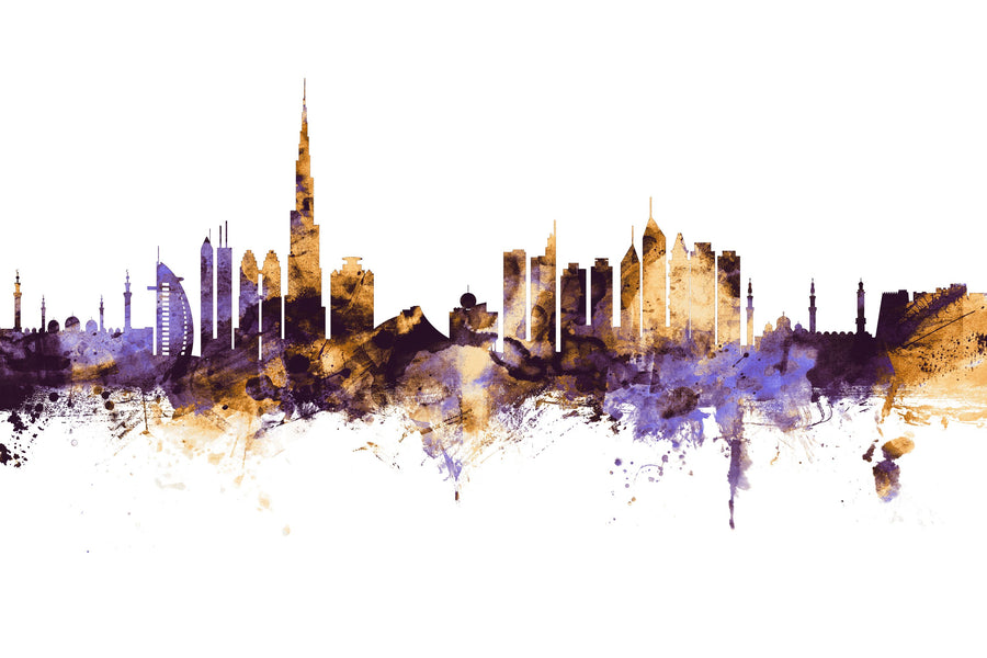 Dubai Skyline Purple & Gold Mural Wallpaper
