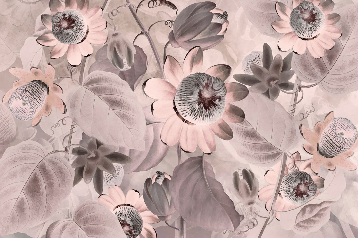 Passifloras Emerging Bright Coral Mural Wallpaper - pure wallpaper artwork