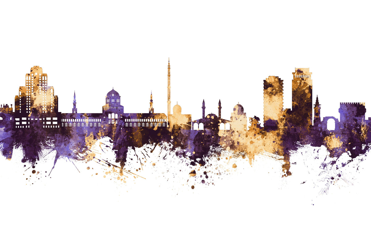 Damascus Syria Skyline Purple & Gold Mural Wallpaper - pure wallpaper artwork