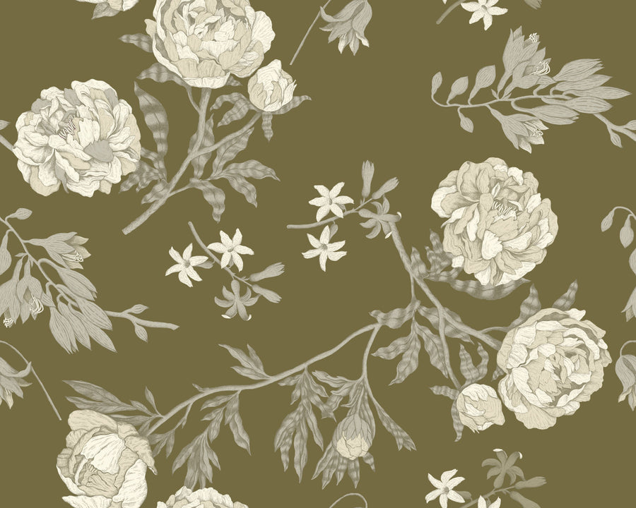 Peony Passion, Khaki Mural Wallpaper