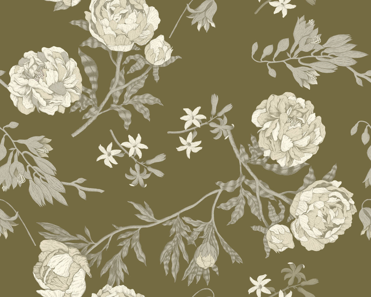Peony Passion, Khaki Mural Wallpaper - pure wallpaper artwork
