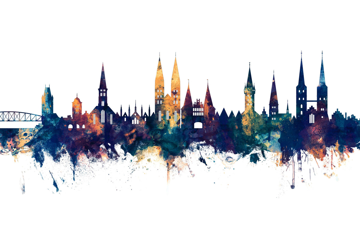 Lubeck Germany Skyline Blue & Bronze Mural Wallpaper - pure wallpaper artwork