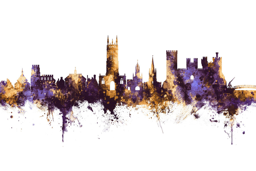 Warwick England Skyline Purple & Gold Mural Wallpaper