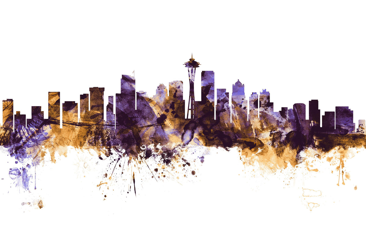 Seattle Skyline Purple & Gold Mural Wallpaper - pure wallpaper artwork