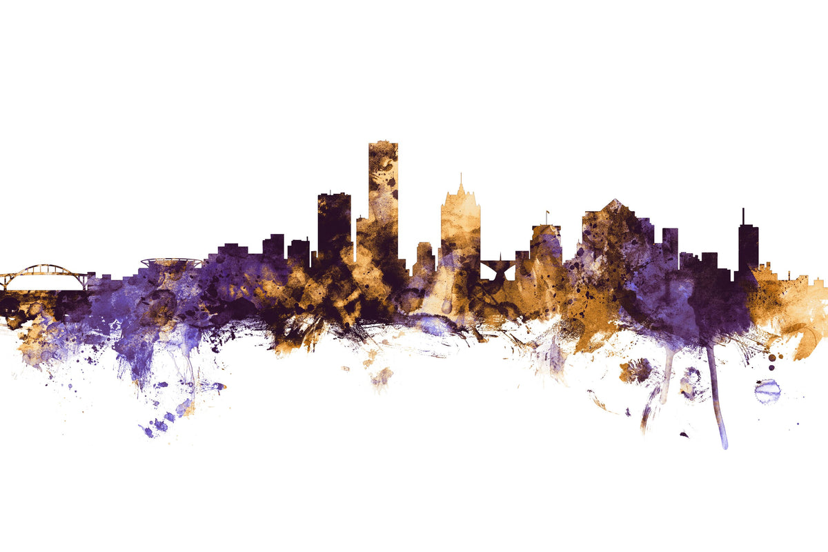 Milwaukee Wisconsin Skyline Purple & Gold Mural Wallpaper - pure wallpaper artwork