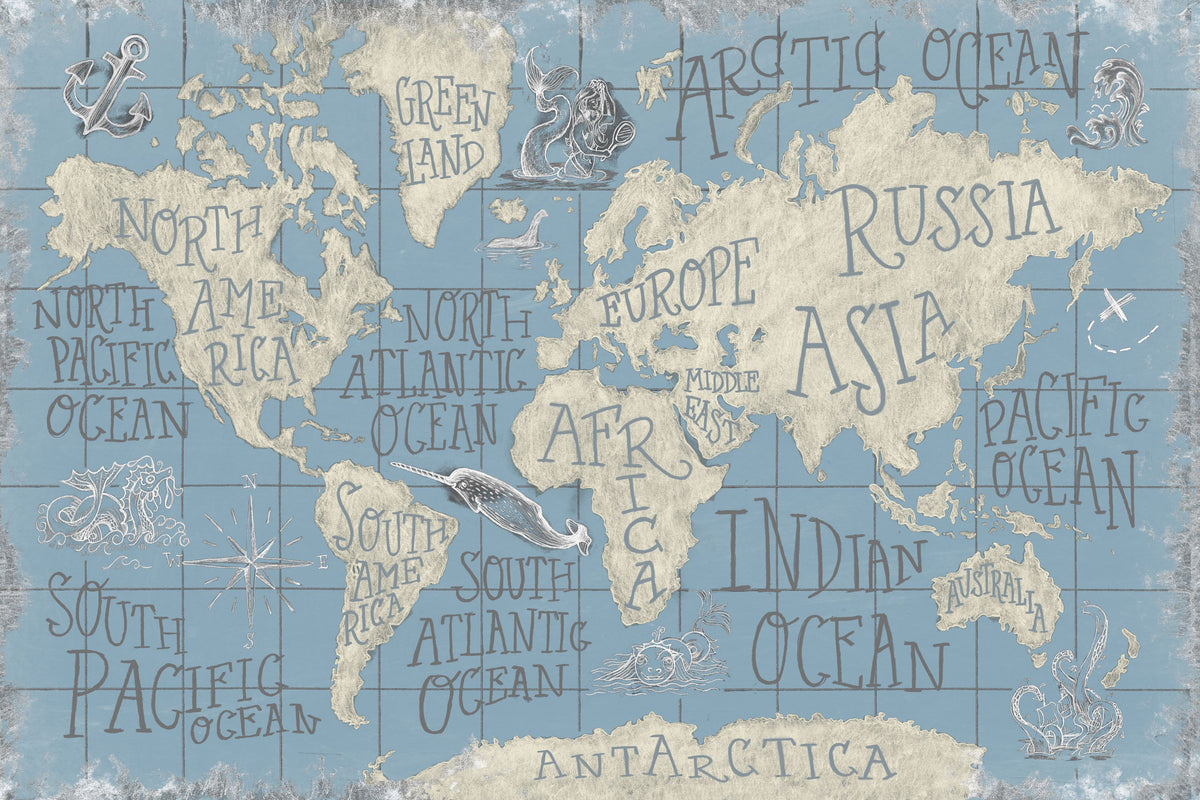 Mythical Map I Blue Mural Wallpaper - pure wallpaper artwork