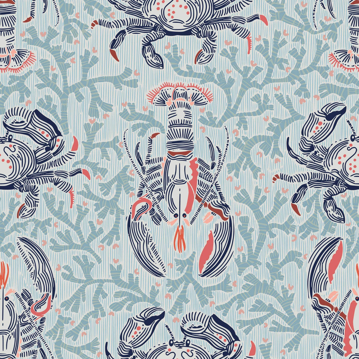 Lobster and Crab Coastal Nostalgia, Mint Mural Wallpaper - pure wallpaper artwork