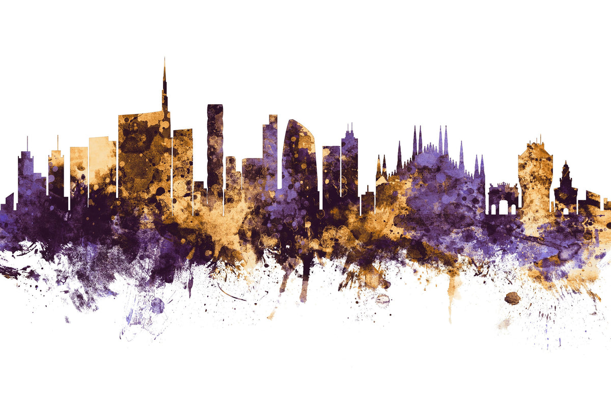 Milan Italy Skyline Purple & Gold Mural Wallpaper - pure wallpaper artwork