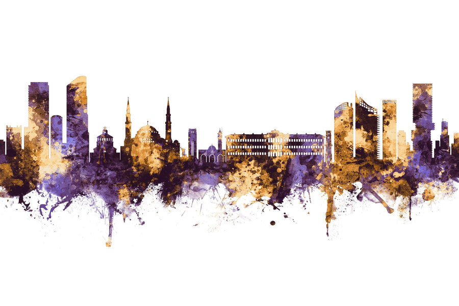 Beirut Lebanon Skyline Purple & Gold Mural Wallpaper