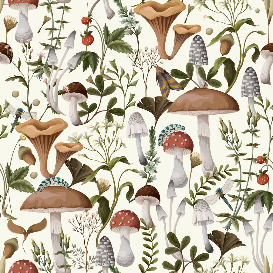 Forest Mushrooms, Light Mural Wallpaper