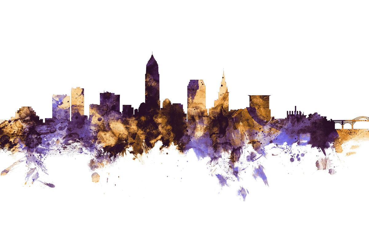 Cleveland Ohio Skyline Purple & Gold Mural Wallpaper - pure wallpaper artwork