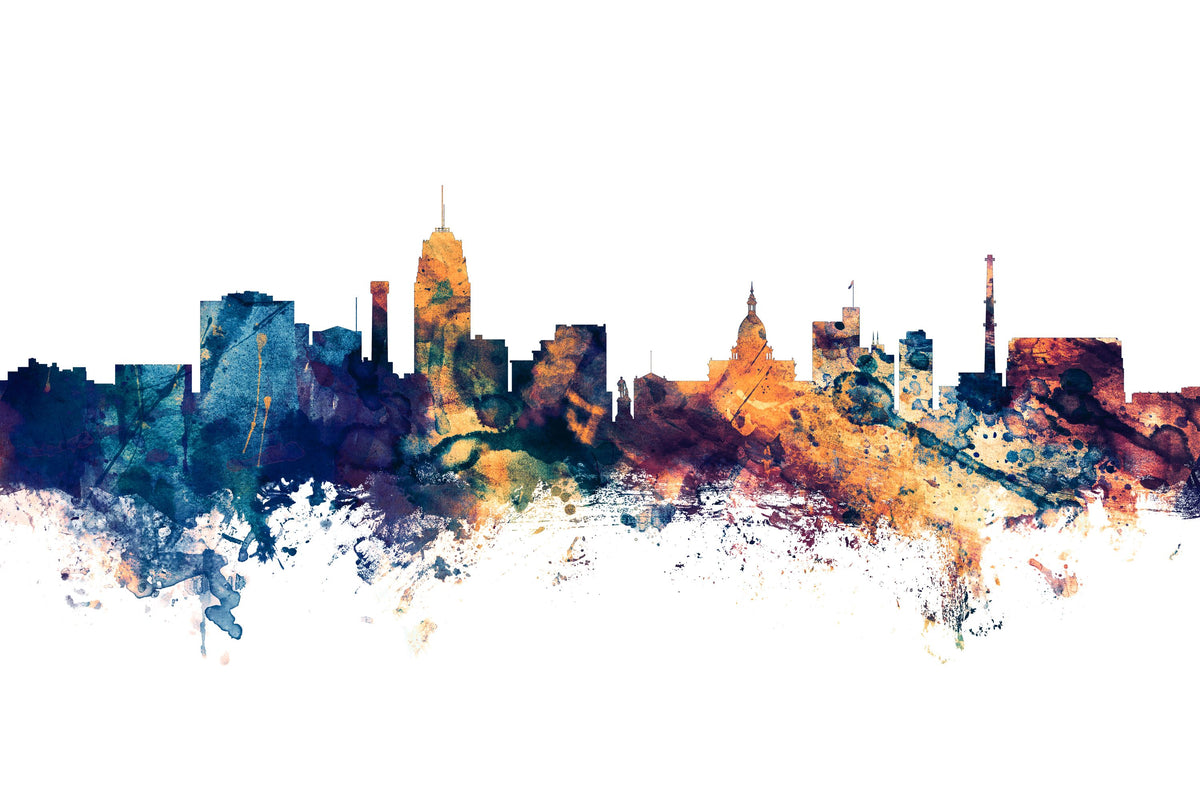 Lansing Michigan Skyline Blue & Bronze Mural Wallpaper - pure wallpaper artwork