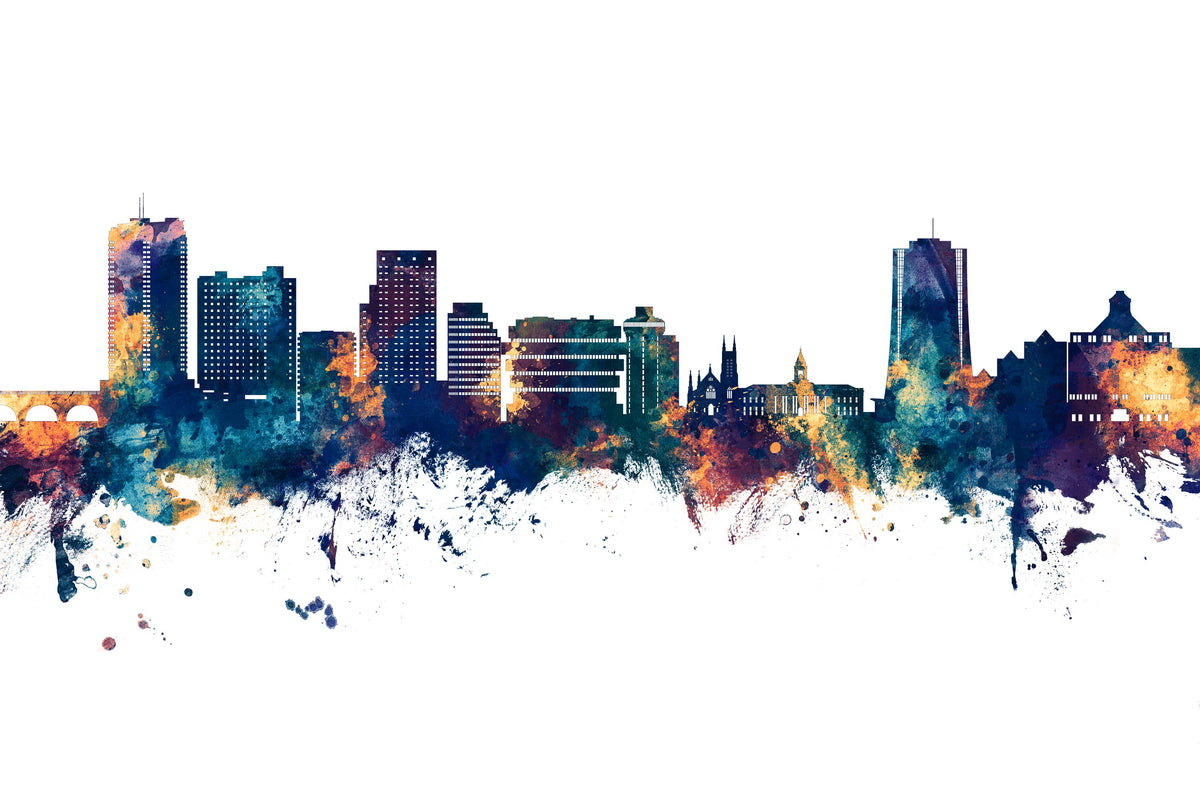 Stamford Connecticut Skyline Blue & Bronze Mural Wallpaper - pure wallpaper artwork