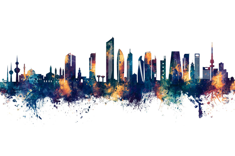 Kuwait City Skyline Blue & Bronze Mural Wallpaper
