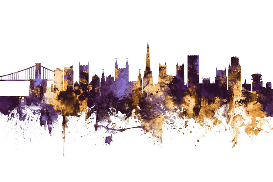 Bristol England Skyline Purple & Gold Mural Wallpaper