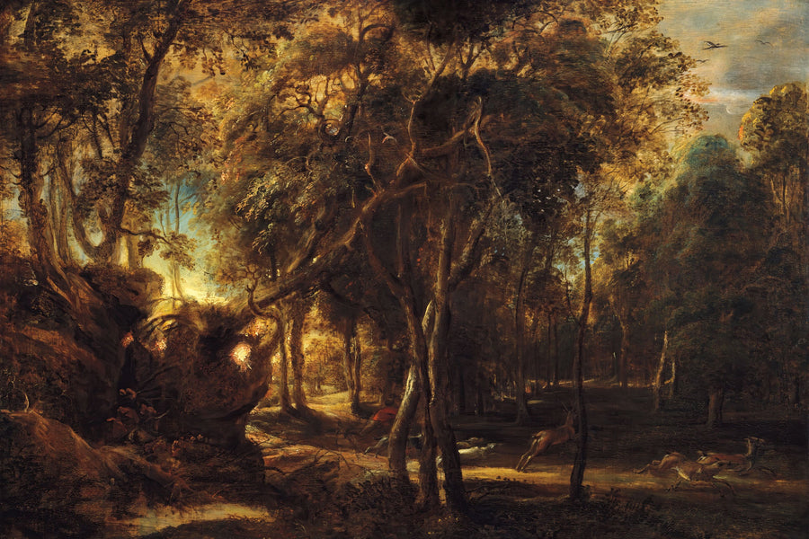 A Forest At Dawn with a Deer Hunt Mural Wallpaper