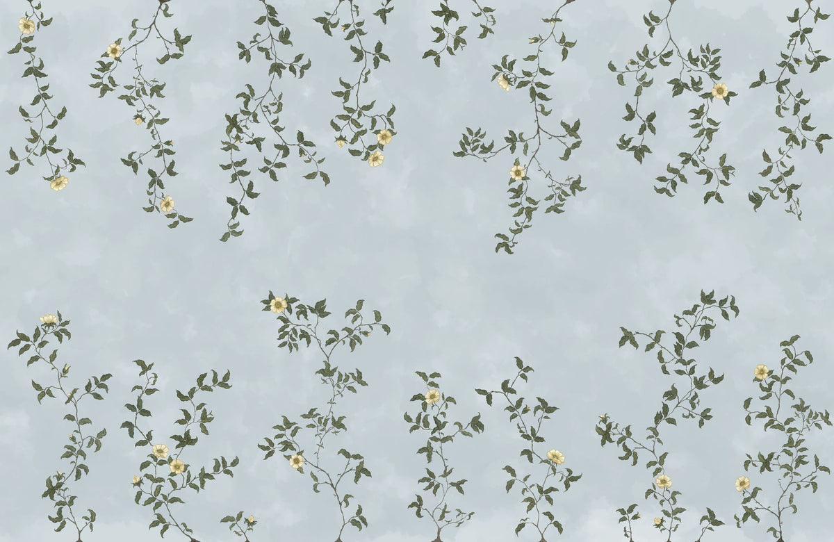 Rambling Rose, Butter Yellow on Sky Mural Wallpaper - pure wallpaper artwork