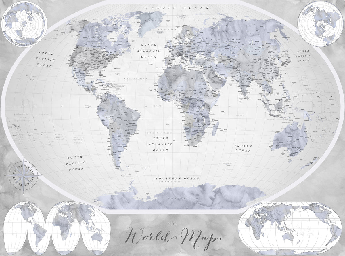 World Map Atlas Blue Gray Mural Wallpaper - pure wallpaper artwork