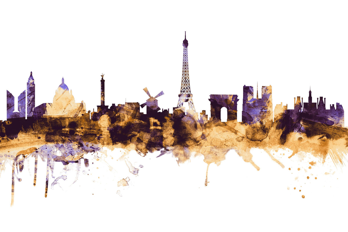 Paris Skyline Purple & Gold Mural Wallpaper - pure wallpaper artwork